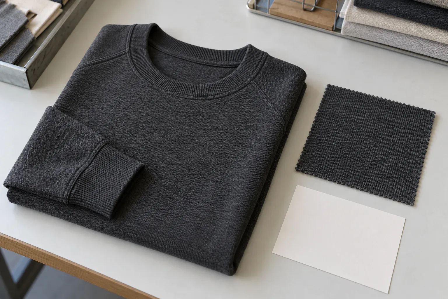 Black sweatshirt with fabric sample and color swatch for clothing design.
