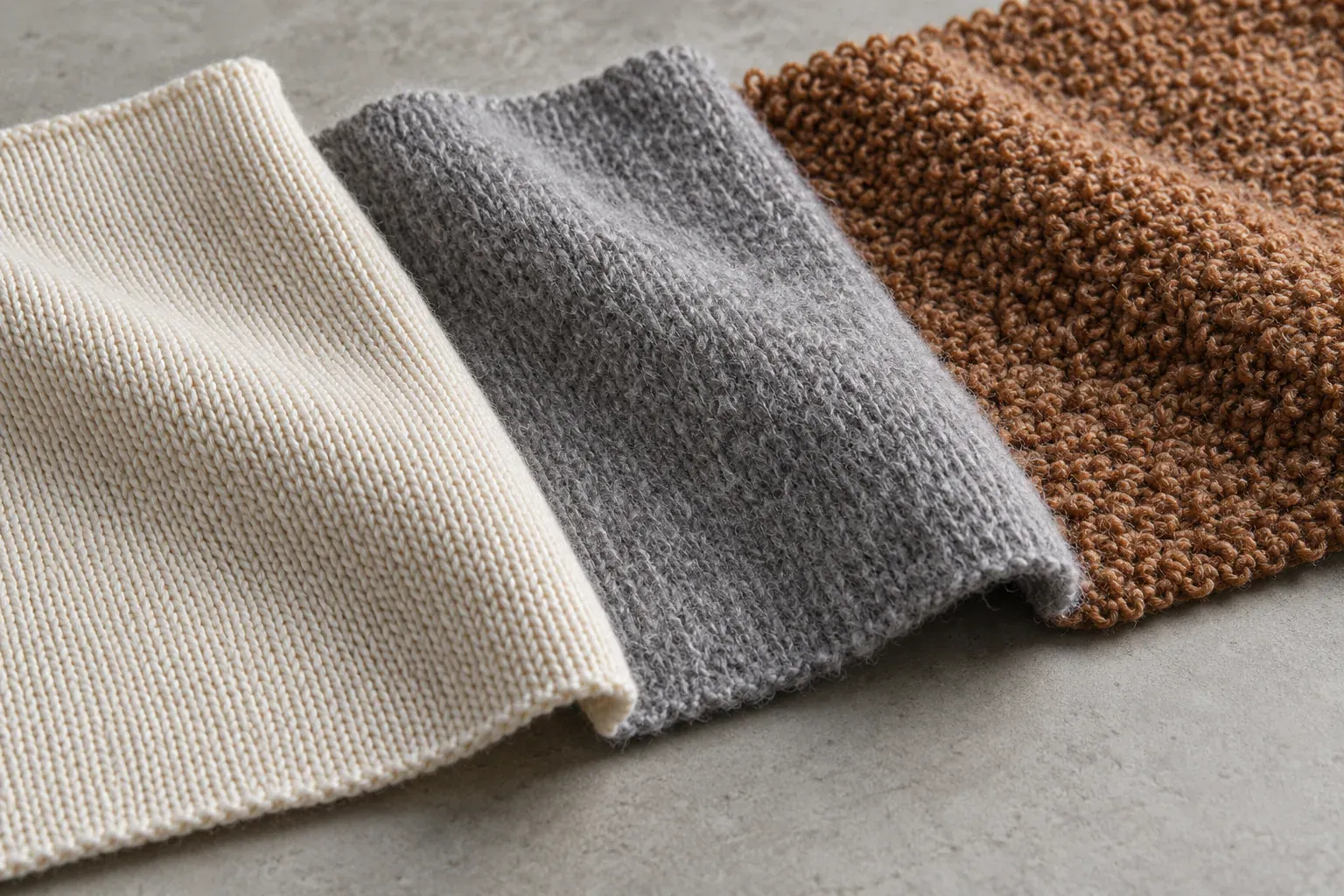 Close-up of different textured knitted fabric swatches in neutral colors.