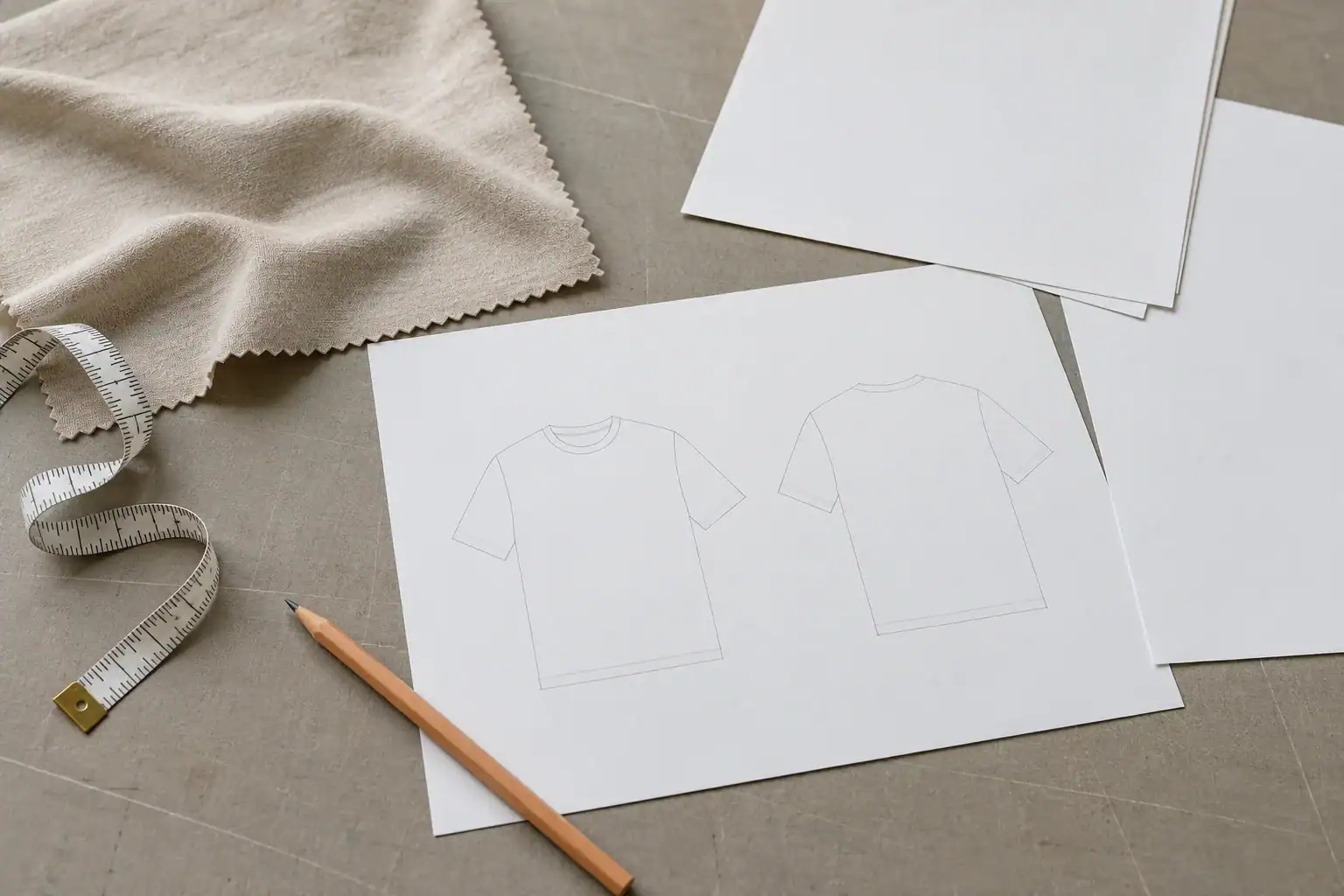 Fashion design sketches with fabric swatch and measuring tape for custom clothing.
