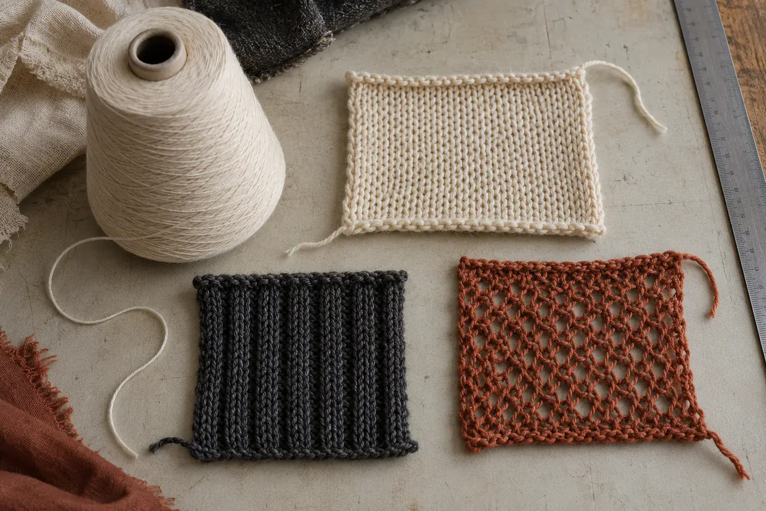 Yarn and knitted fabric samples for custom clothing manufacturing.