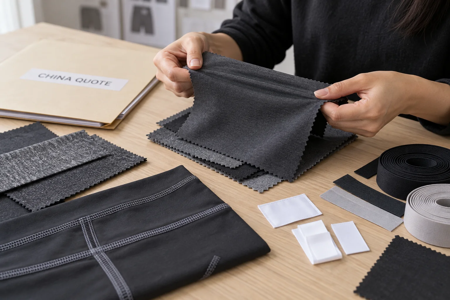 Illustration of activewear material and trim options being reviewed for a China supplier quote