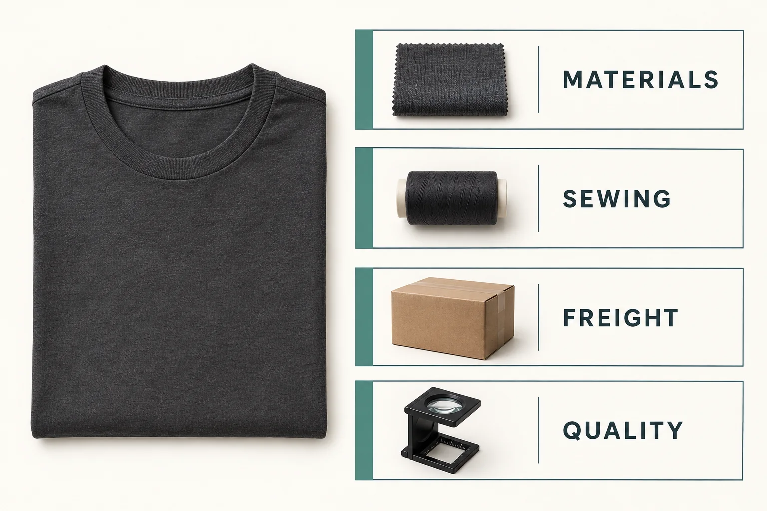 Conceptual apparel cost stack showing materials, sewing, freight and quality costs as separate layers
