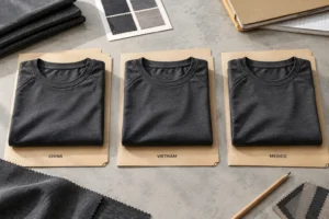Illustration of matching activewear samples and three country sourcing files for China, Vietnam and Mexico