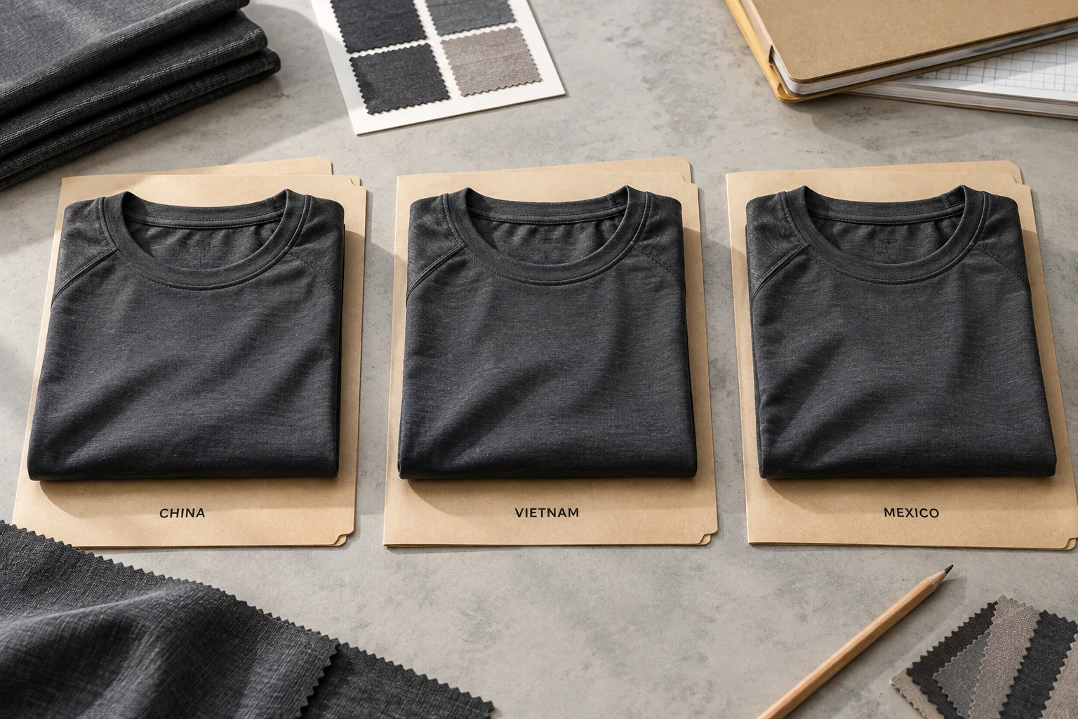 Illustrazione di campioni di abbigliamento attivo abbinati e file di sourcing di tre paesi per Cina, Vietnam e Messico