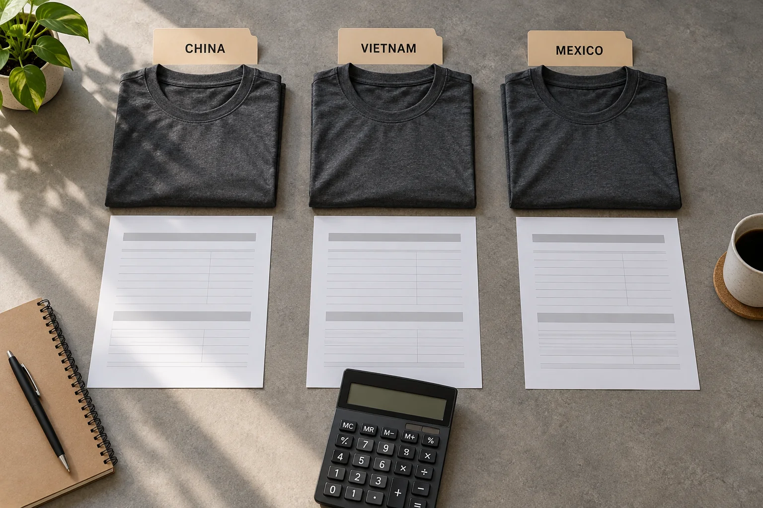 Illustration of three comparable supplier quote folders beside identical activewear samples