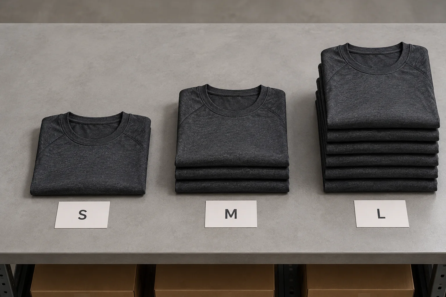 Illustration of uneven stock across three apparel sizes showing inventory risk beyond the factory unit price