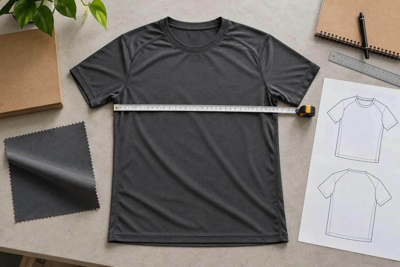 Illustration of a performance T-shirt specification review with fabric, seam and measurement details