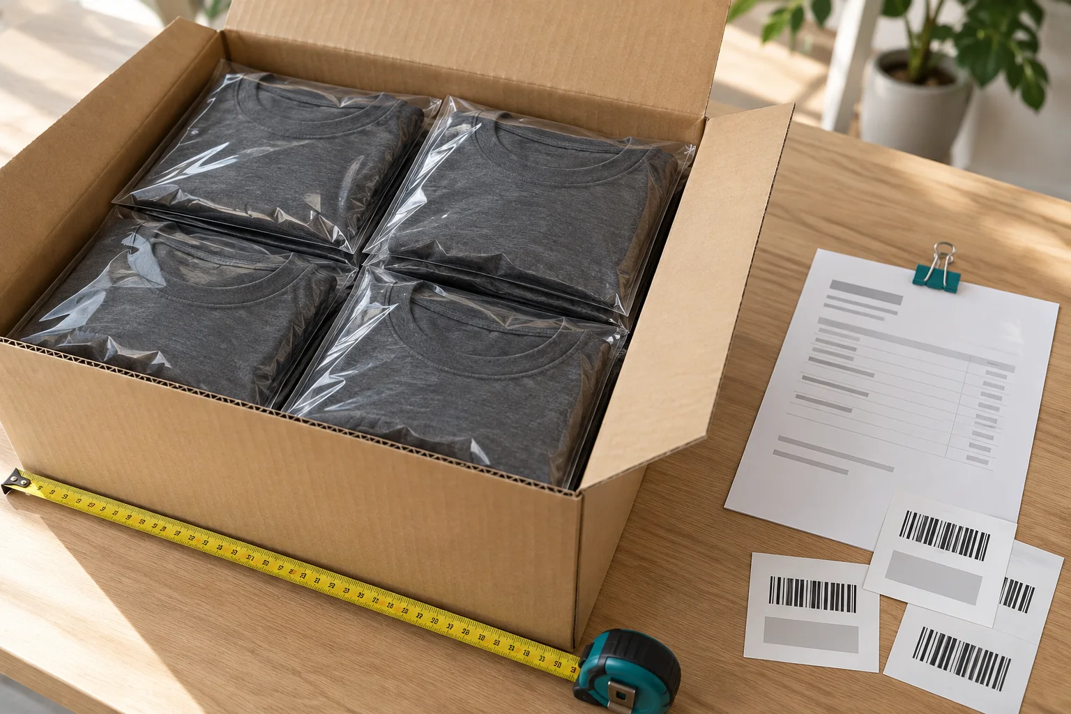 Illustration of activewear carton packing and barcode placement prepared for a warehouse handover