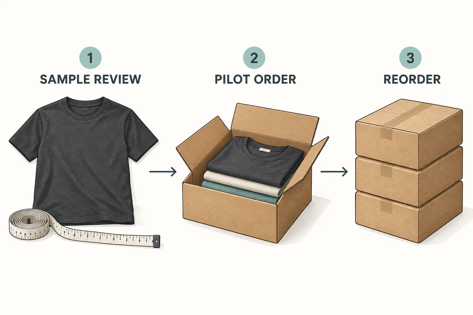 Illustration of a staged apparel pilot order with sample approval before bulk production release