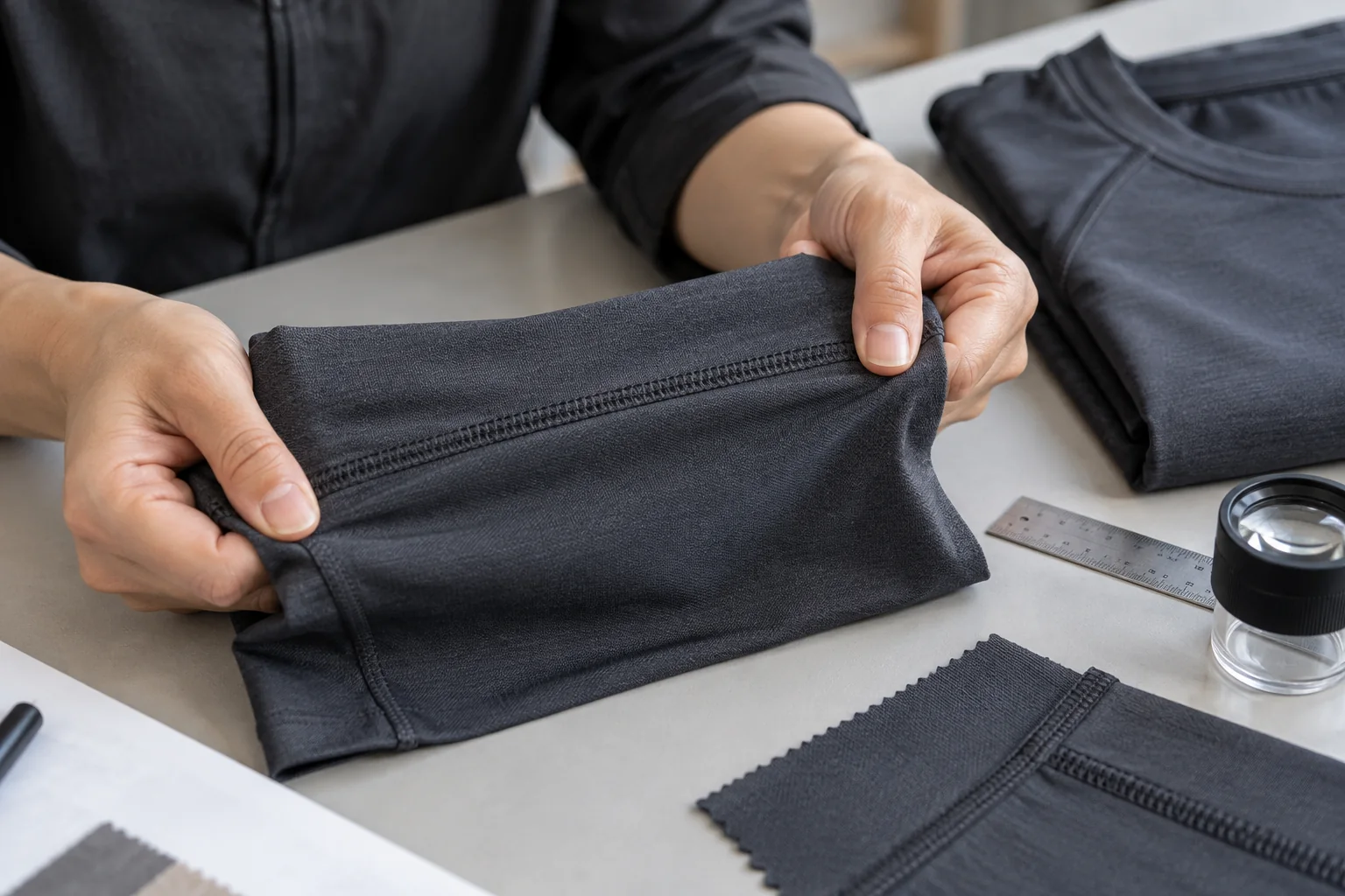 Illustration of a stretch fabric and flatlock seam being checked during activewear sample approval