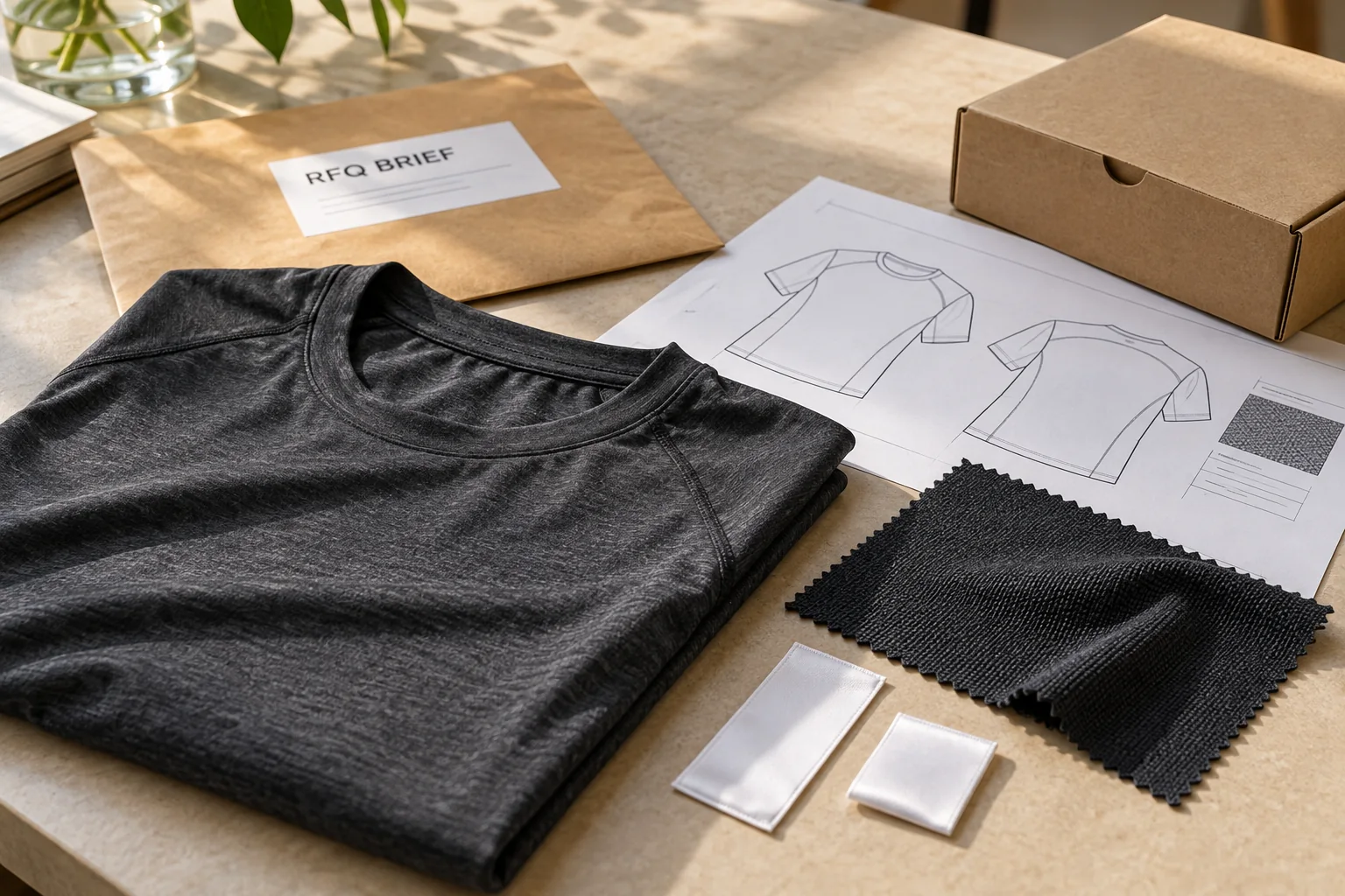 Illustration of a complete activewear RFQ brief containing a garment sample, fabric swatch and packing requirements