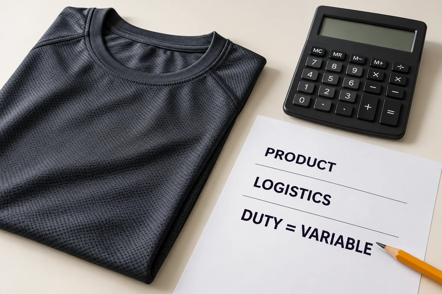 Conceptual illustration of a garment cost estimate with a variable tariff line requiring broker confirmation