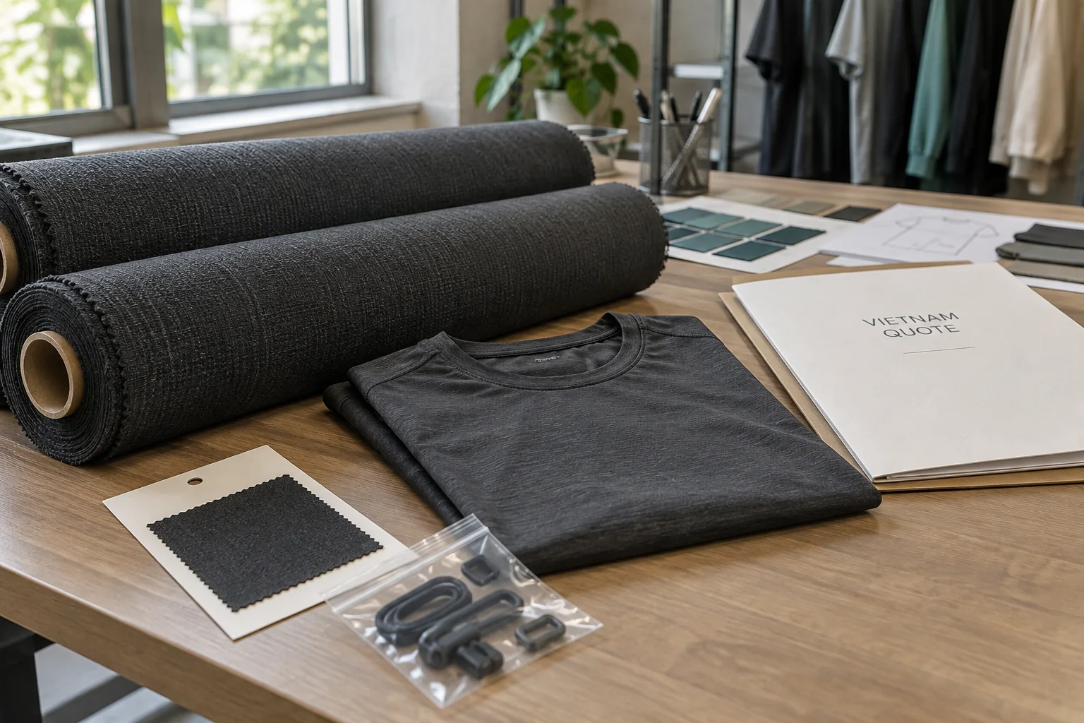 Illustration of imported activewear fabric rolls checked against garment samples for a Vietnam quote