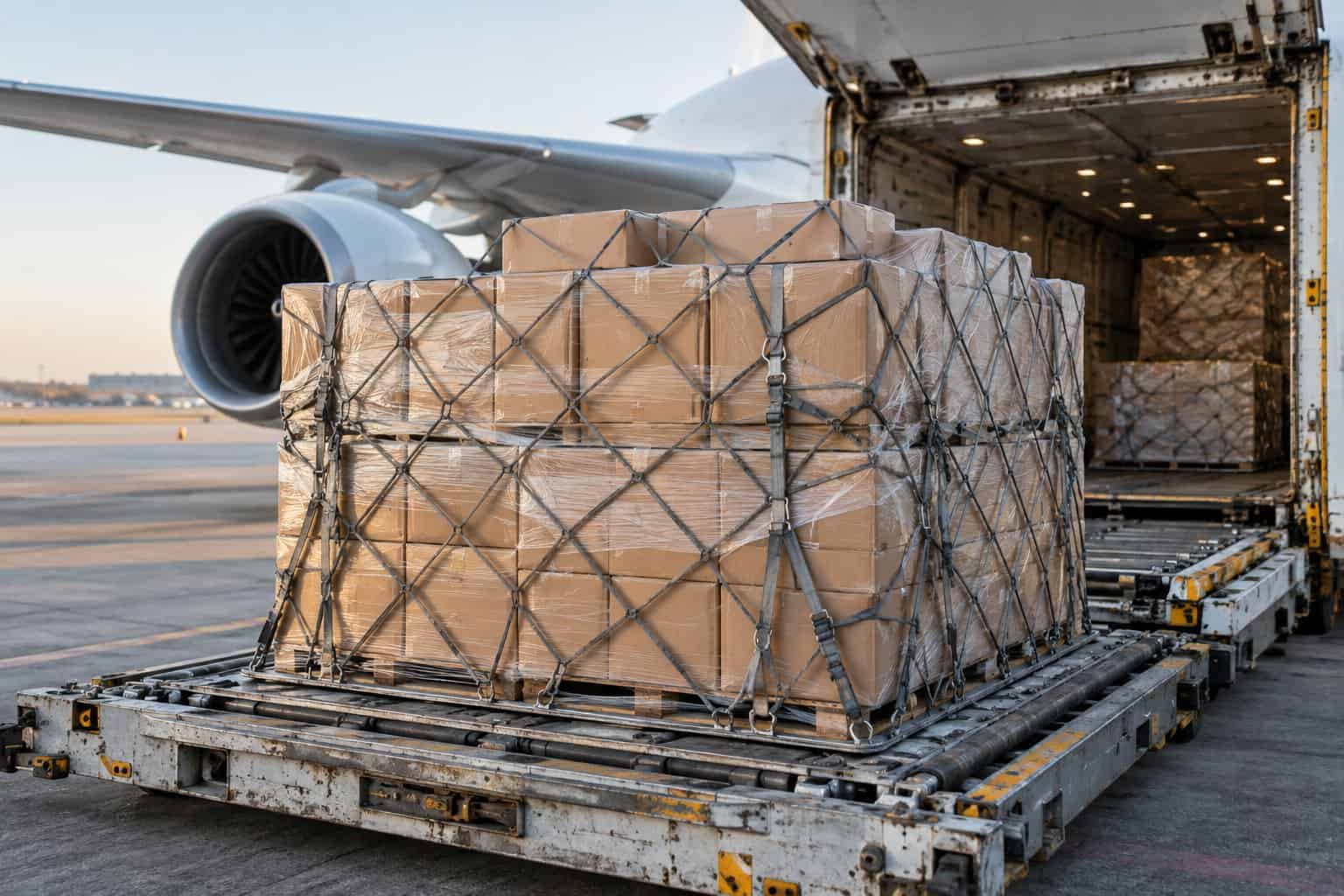 Large cargo pallet with boxes being loaded onto an airplane.