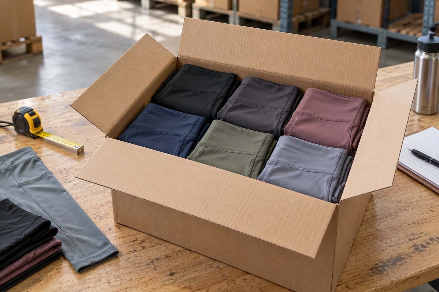Assorted fabric samples in a box for clothing manufacturing and design.