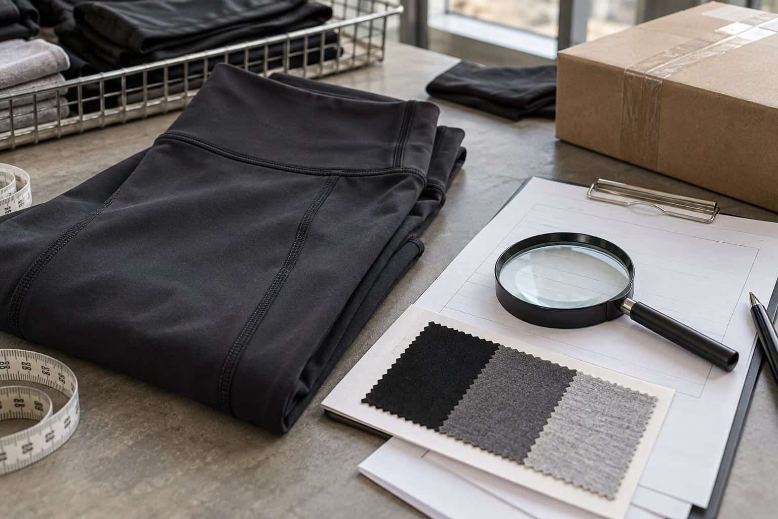 Black athletic leggings with fabric swatches and measuring tools on table.