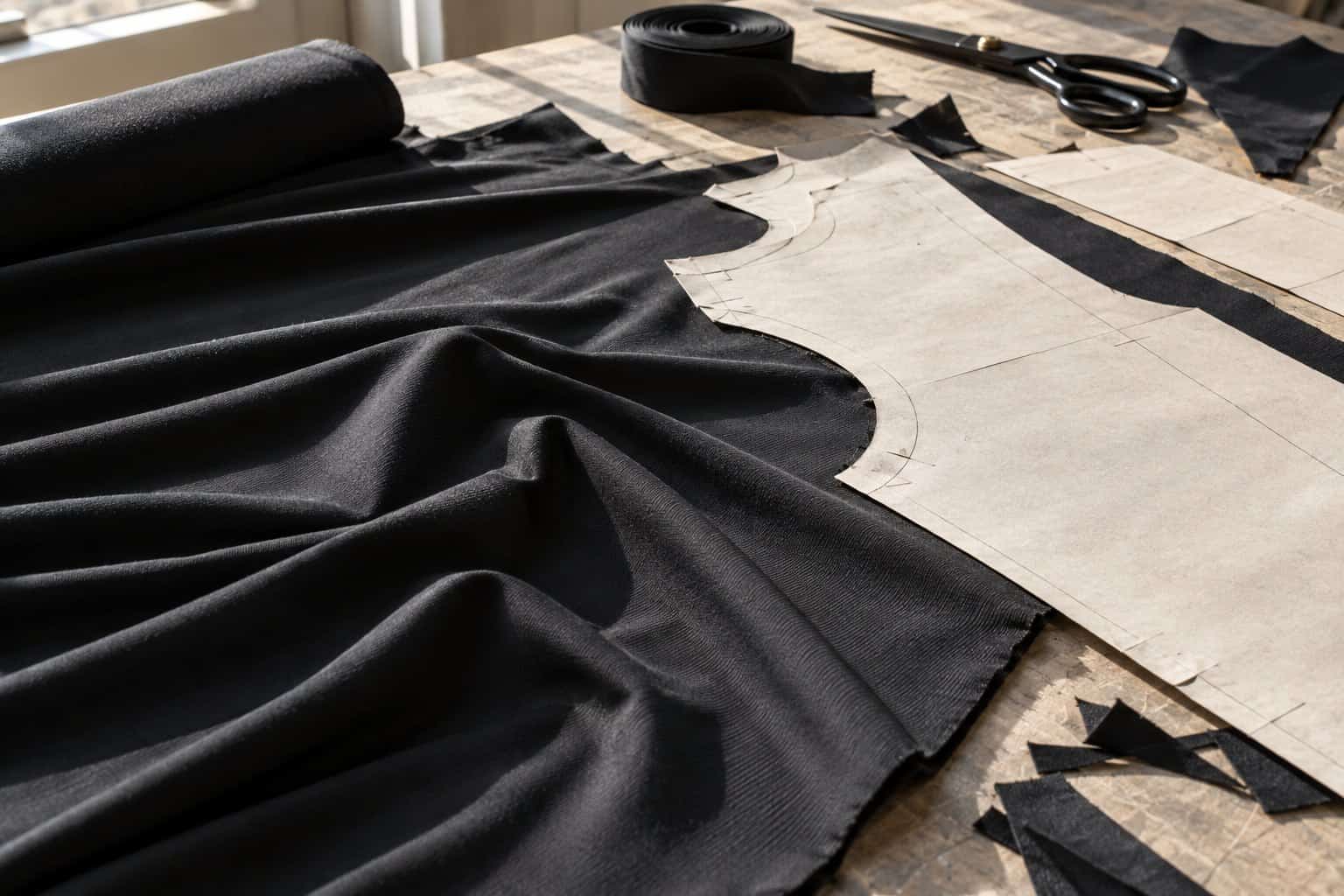 Fabric cutting for custom clothing with pattern paper and scissors.