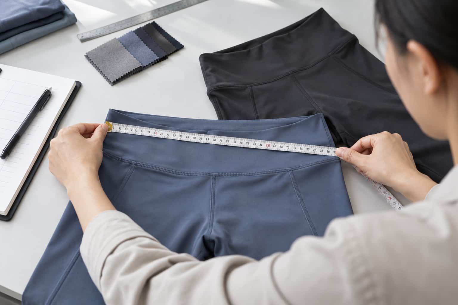 Person measuring fabric for custom clothing production at design studio.