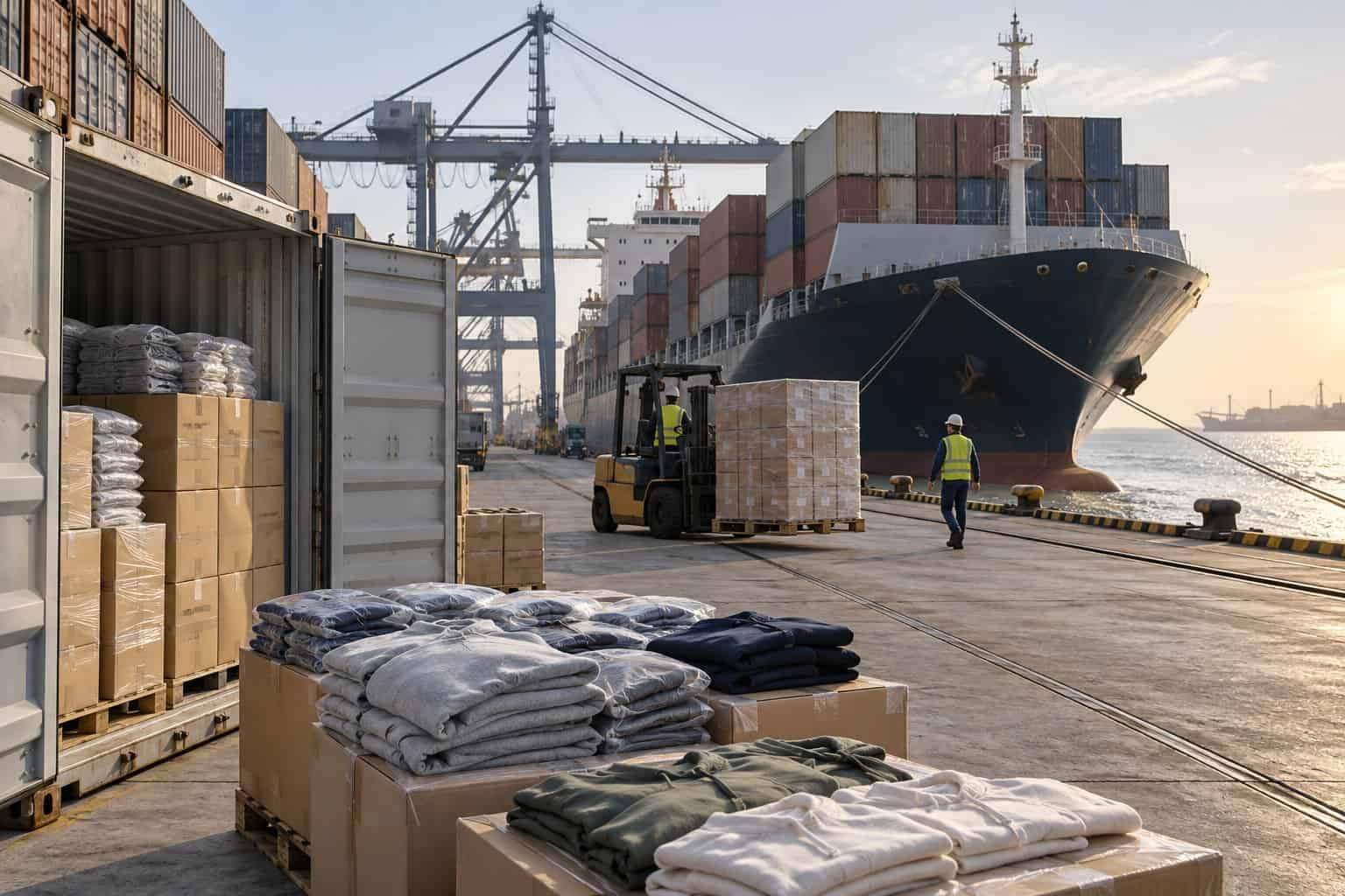 Cargo ship being loaded with containers at a busy port.
