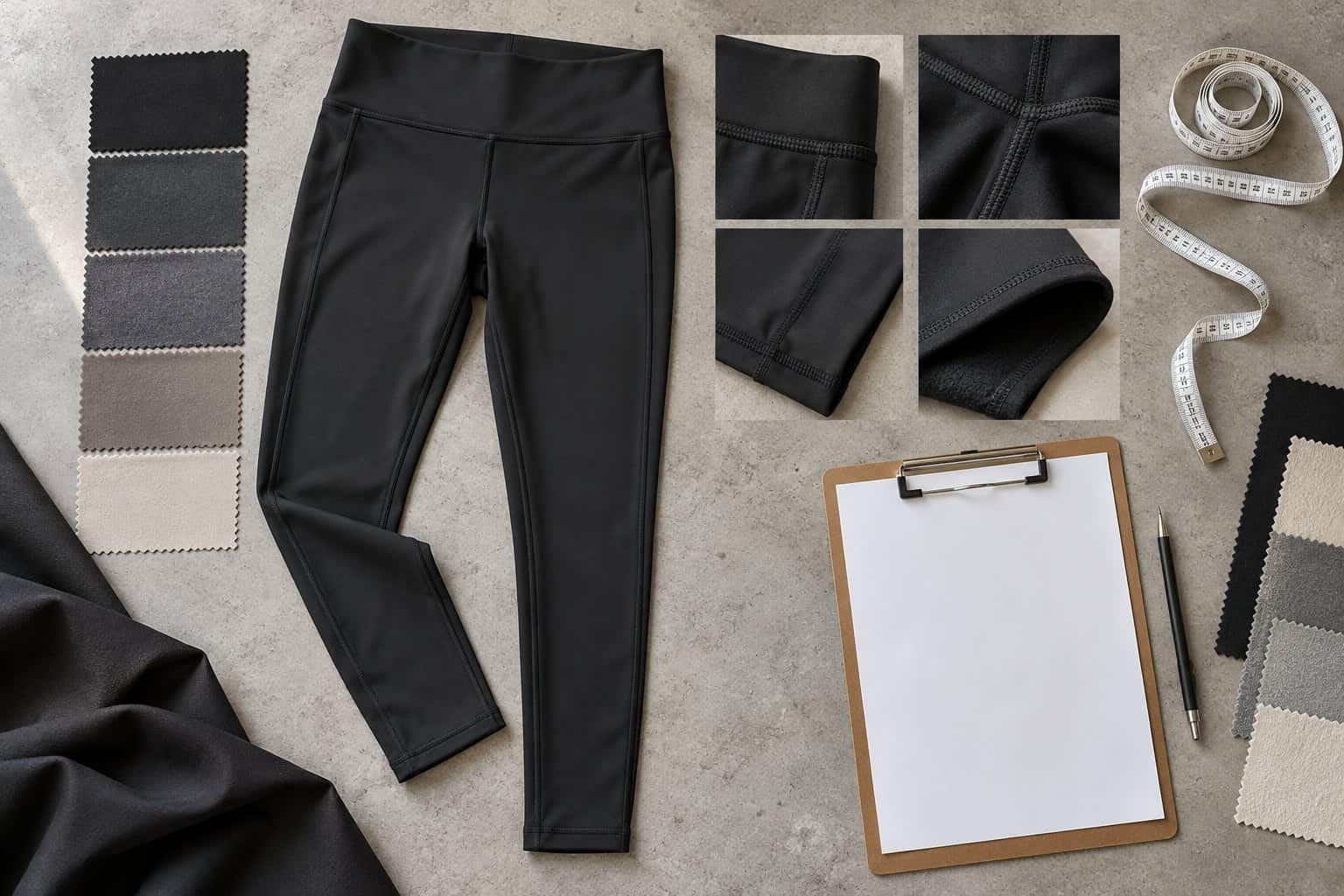 Black leggings with fabric swatches and measuring tape for custom clothing.