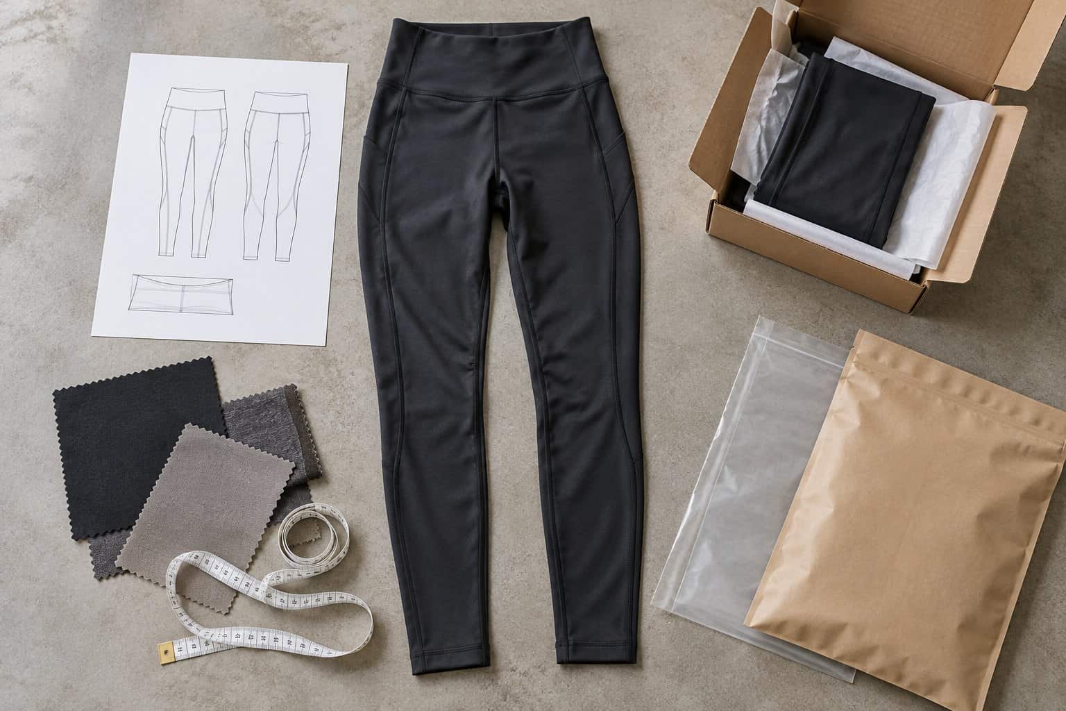Black leggings with fabric samples and design sketches for custom clothing.