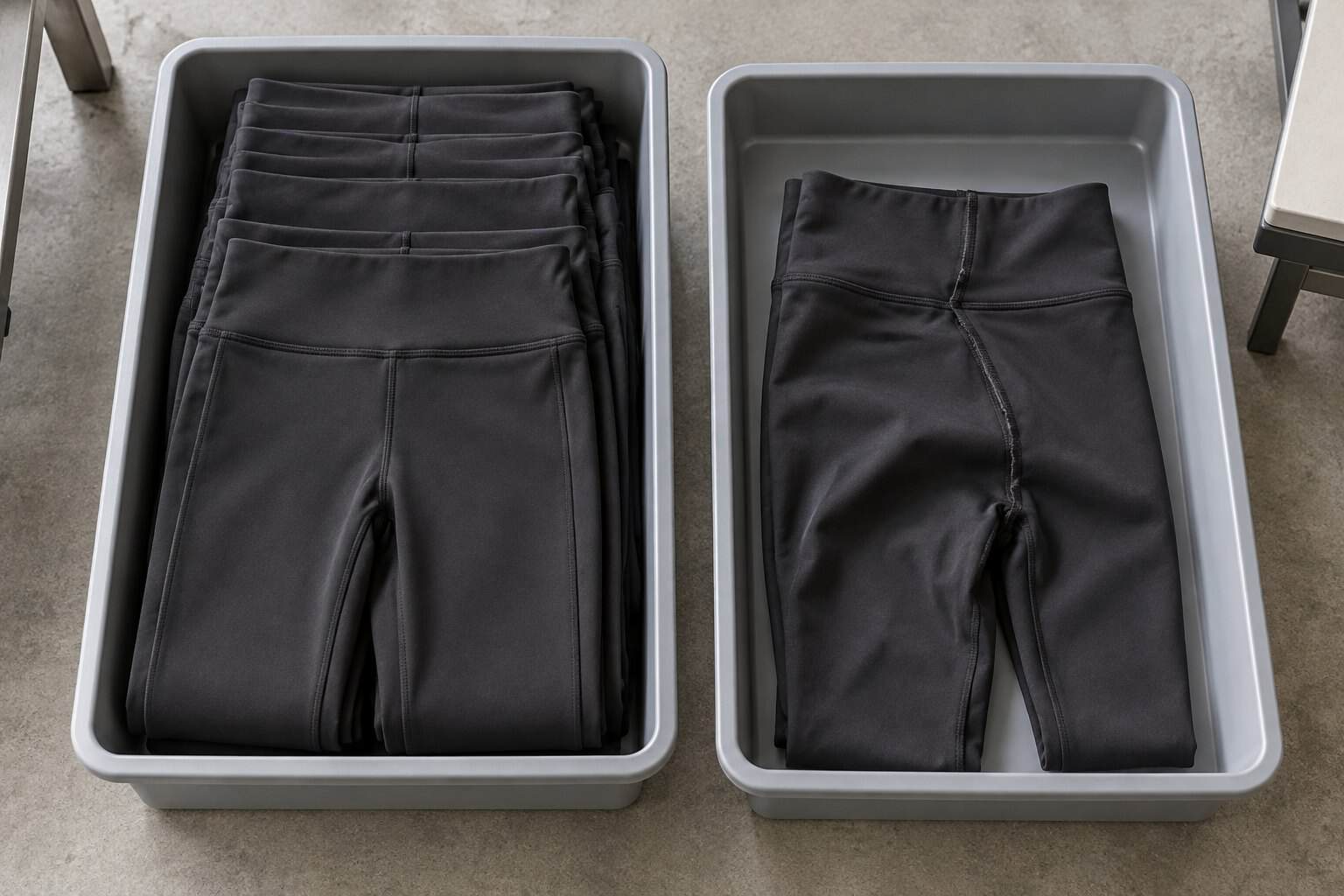 Black leggings neatly folded in storage bins for custom clothing production.
