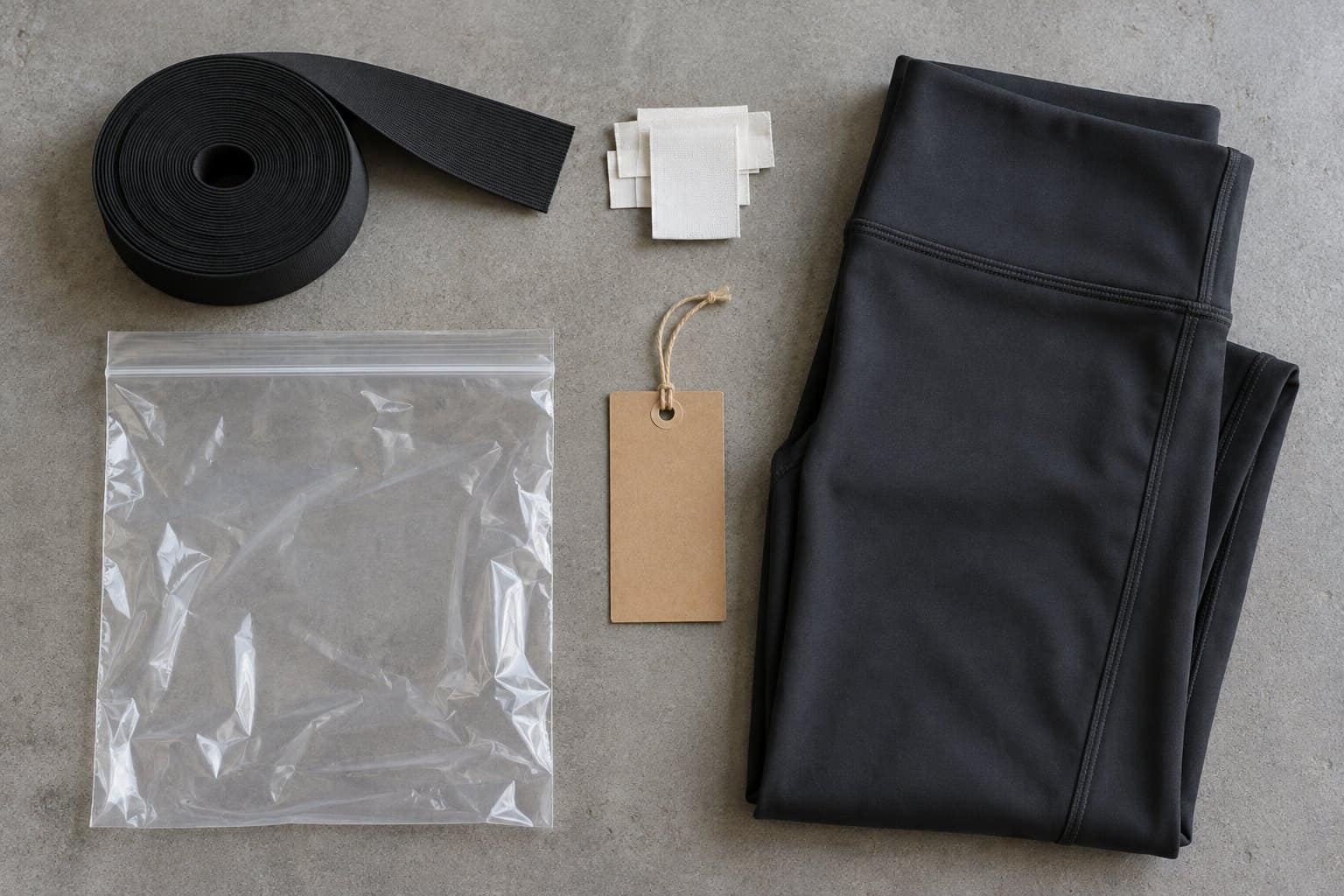 Clothing manufacturing supplies including elastic band, fabric, and packaging materials.