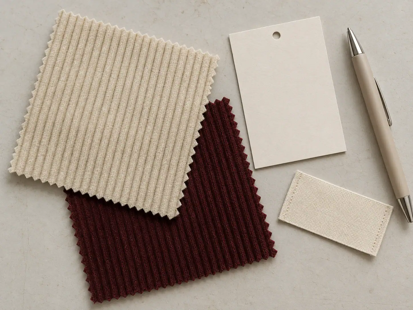 Two corduroy swatches beside a blank fiber-content card and an unbranded garment label for composition review.