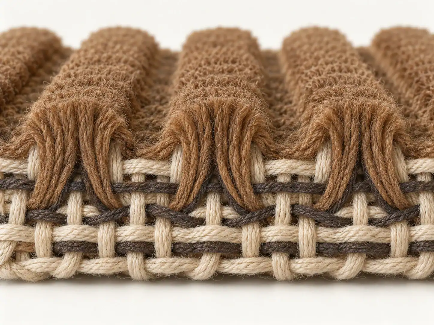Close textile illustration of corduroy filling pile above a woven ground, shown as a careful material-study cutaway without labels.