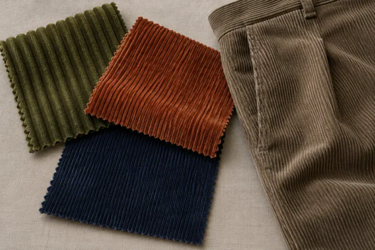 Corduroy fabric swatches with different wale widths arranged beside an unbranded trouser panel on a neutral cutting table.