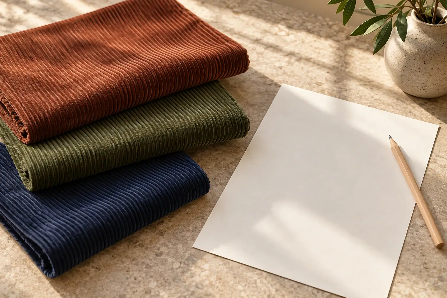 Folded rust, olive, and navy corduroy swatches arranged beside a blank specification sheet for supplier quote comparison.