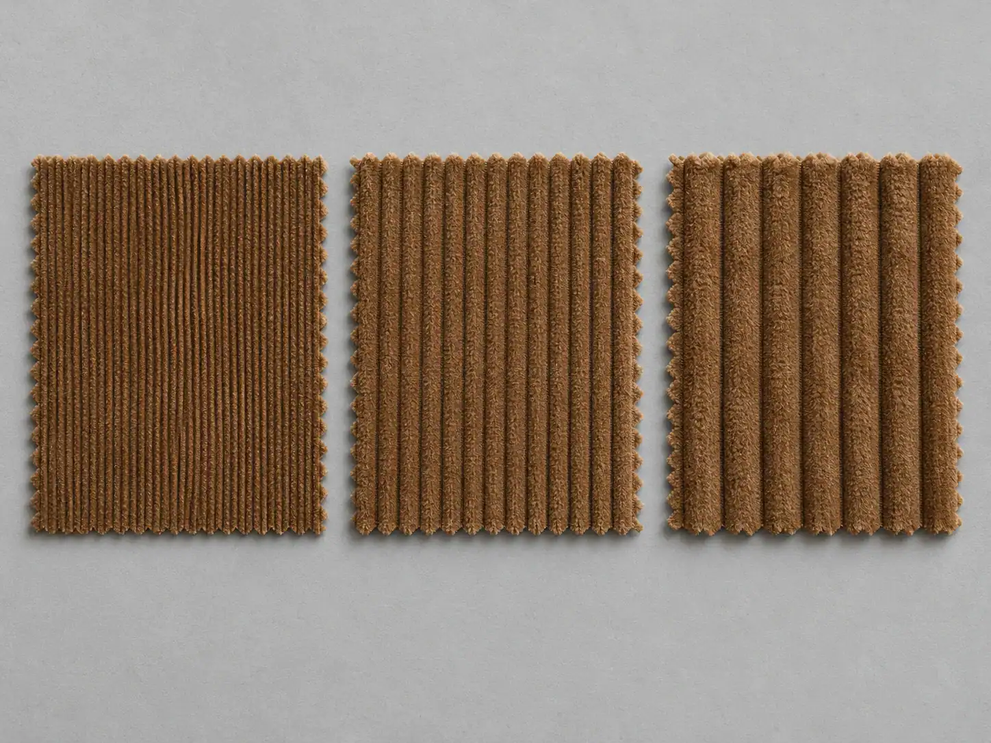 Three unlabelled corduroy swatches arranged from fine, closely spaced wales to broad, widely spaced ribs.