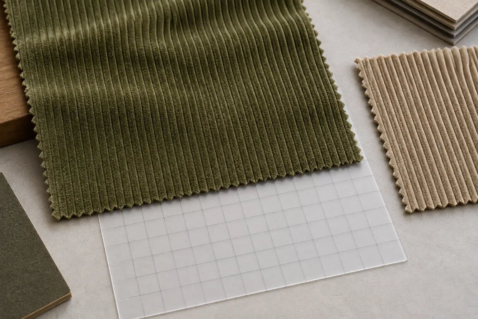An olive corduroy swatch placed over an unmarked grid sheet to illustrate comparing wale spacing without a numeric result.