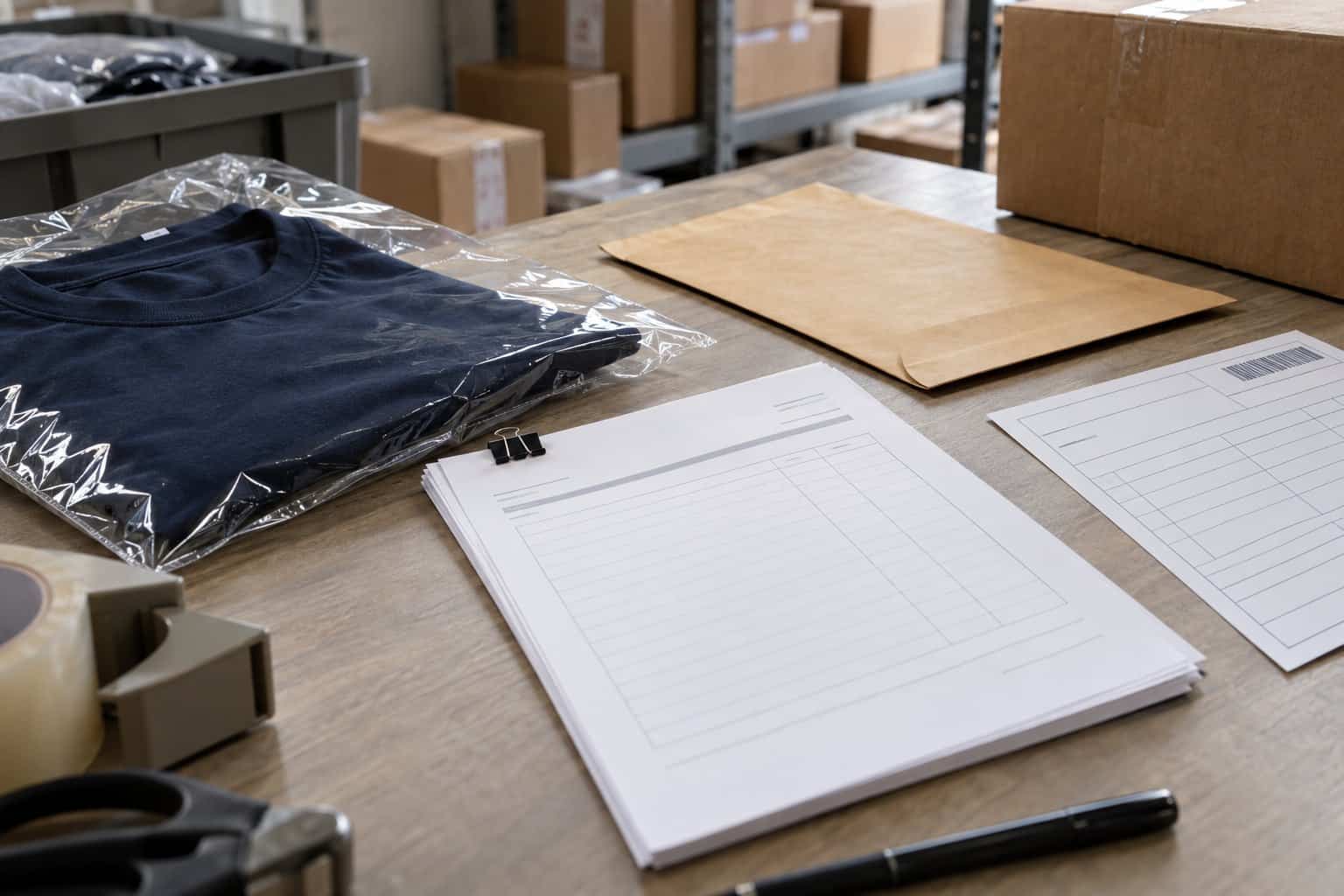 Clothing manufacturing workspace with design documents and packaging materials.