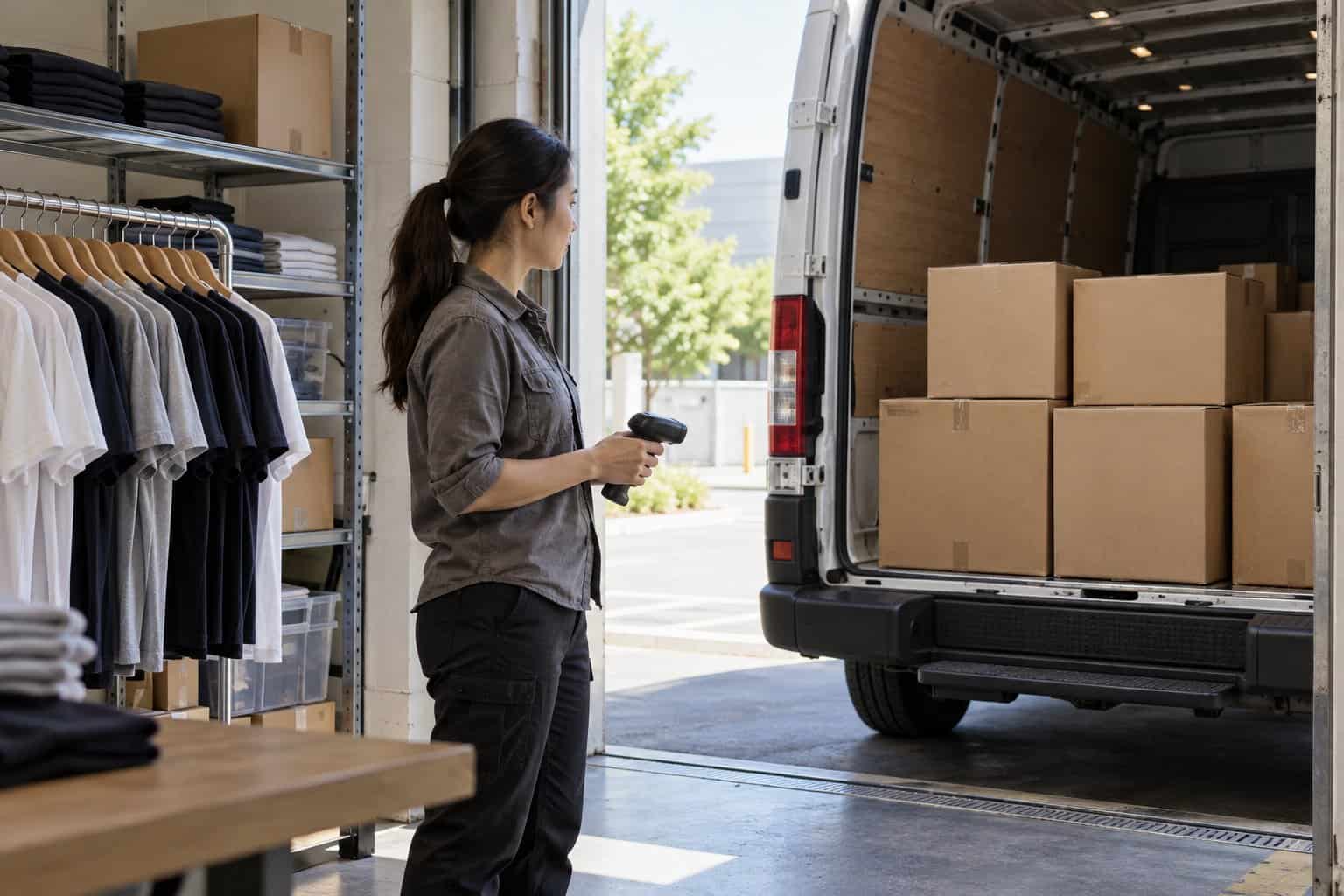Woman inspecting boxes in a clothing warehouse with a scanner.