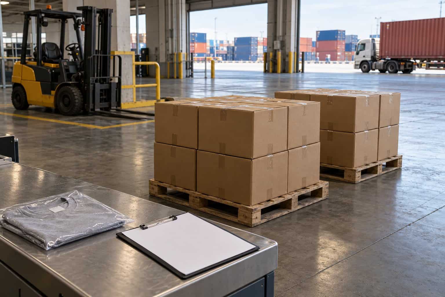 Warehouse with stacked cardboard boxes on pallets and shipping containers outside.