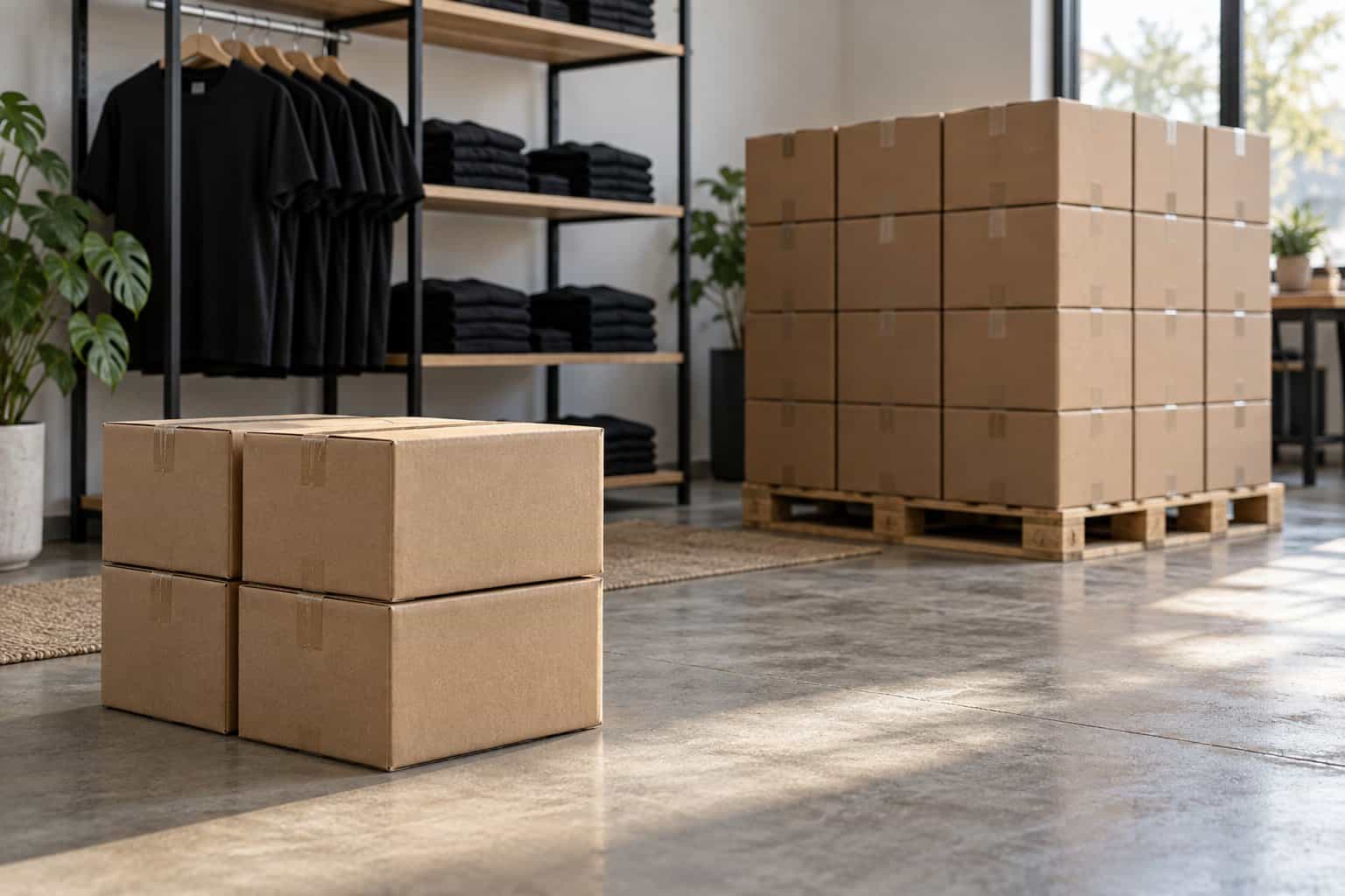Boxes and packaging materials in a clothing manufacturing facility.