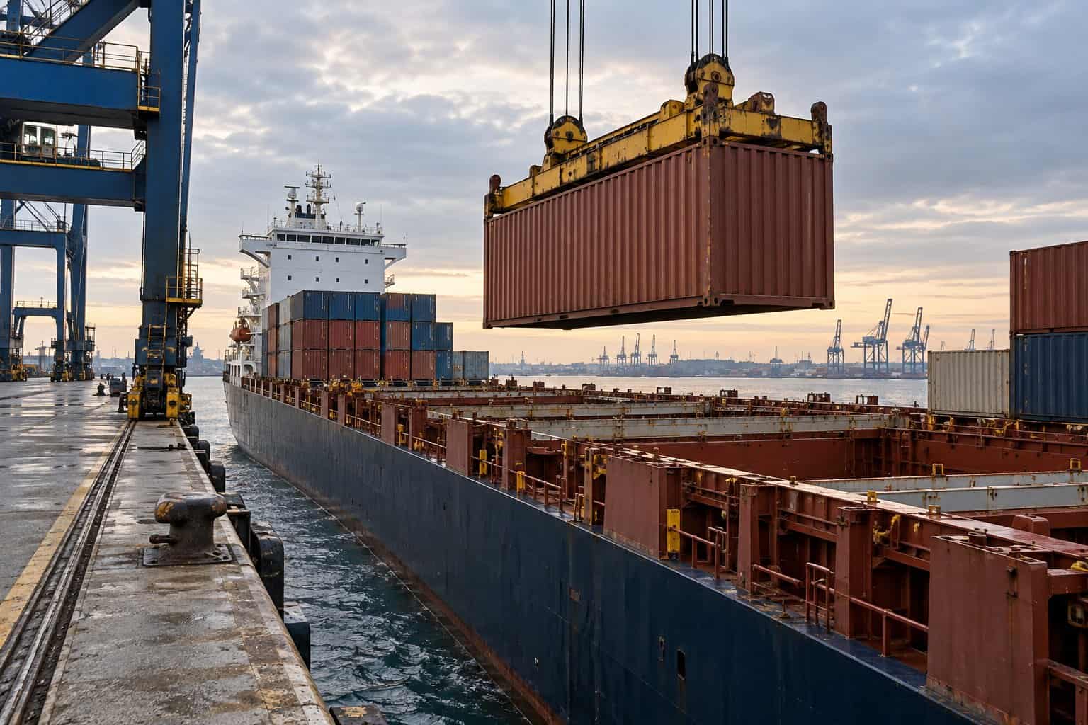 Cargo ship at port with containers being loaded and unloaded.