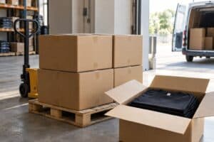 Warehouse with cardboard boxes and clothing package ready for shipment.