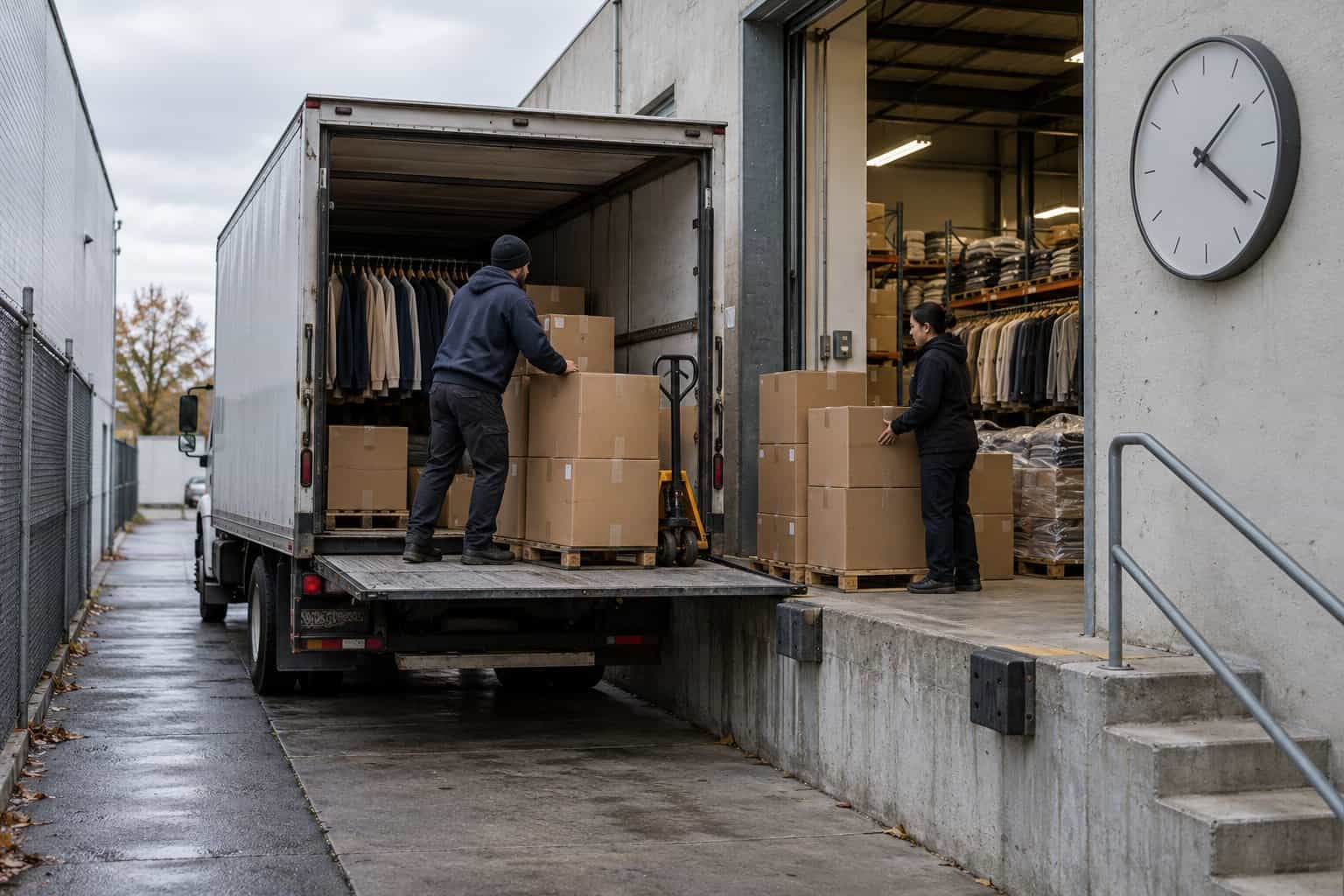 Workers loading boxes into a truck at a clothing warehouse.
