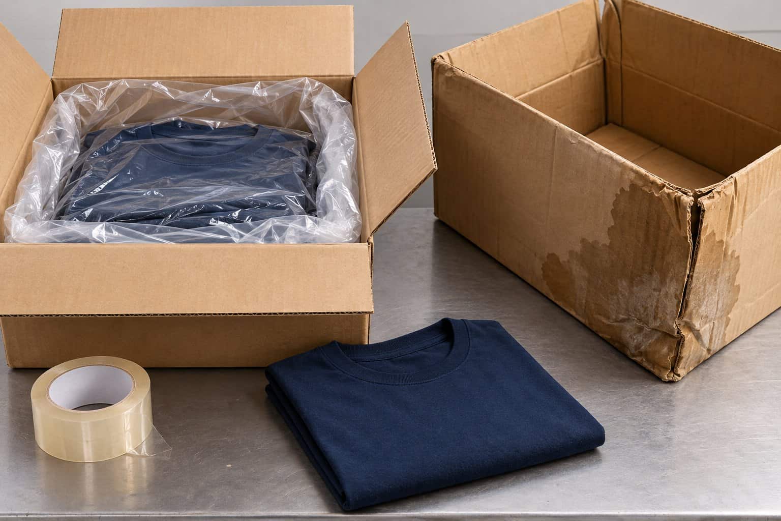 Clothing packaging process with boxes and folded apparel.