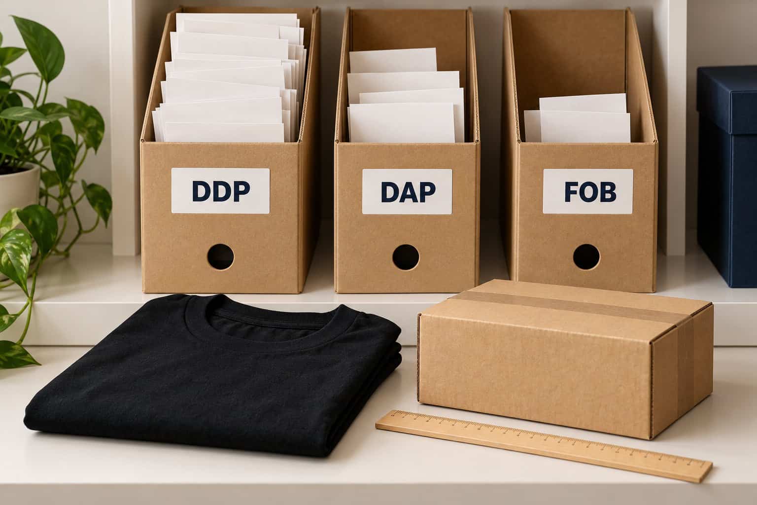 Boxes labeled DDP, DAP, FOB with clothing and packaging materials.