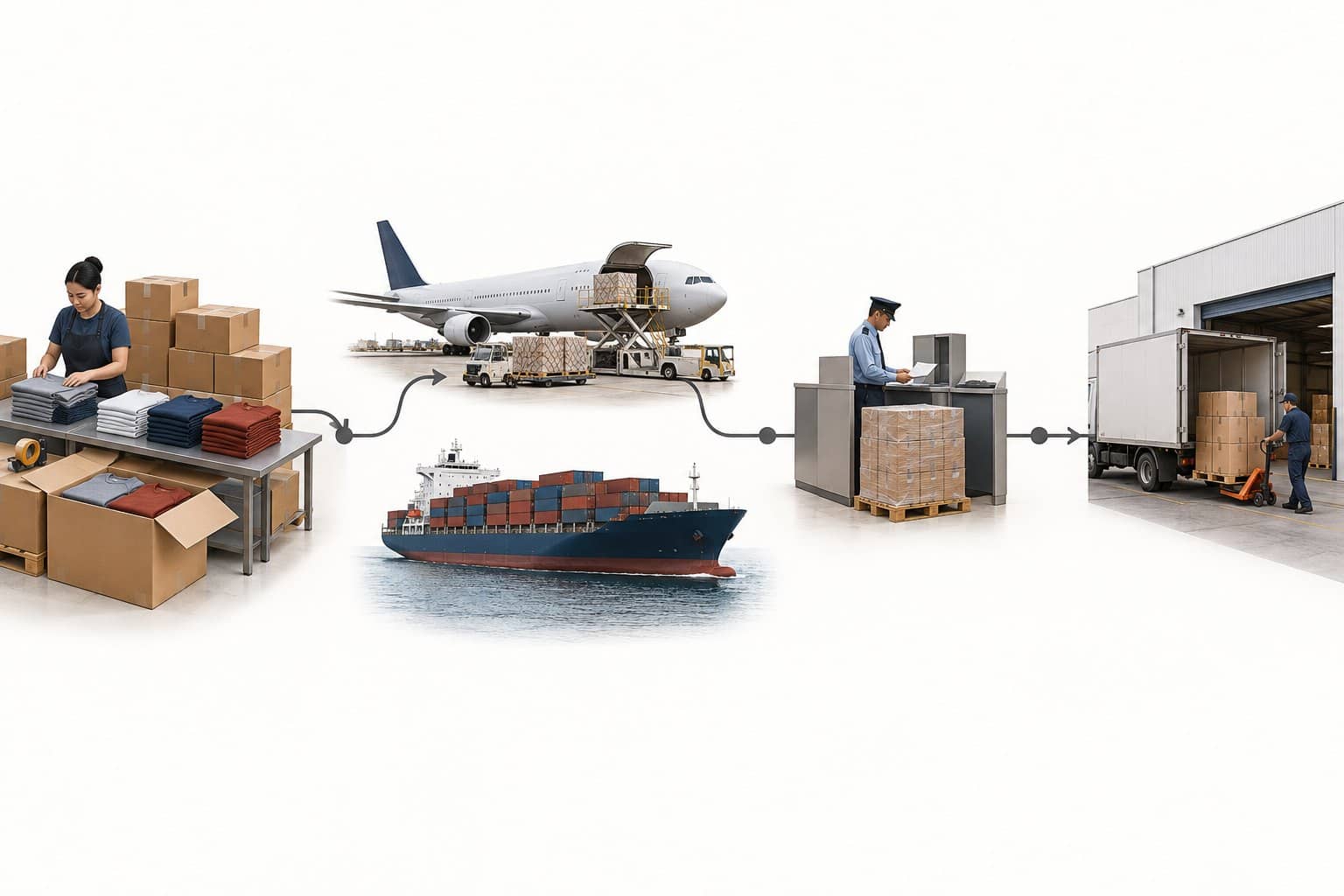 Clothing manufacturing and shipping process with air and sea freight.