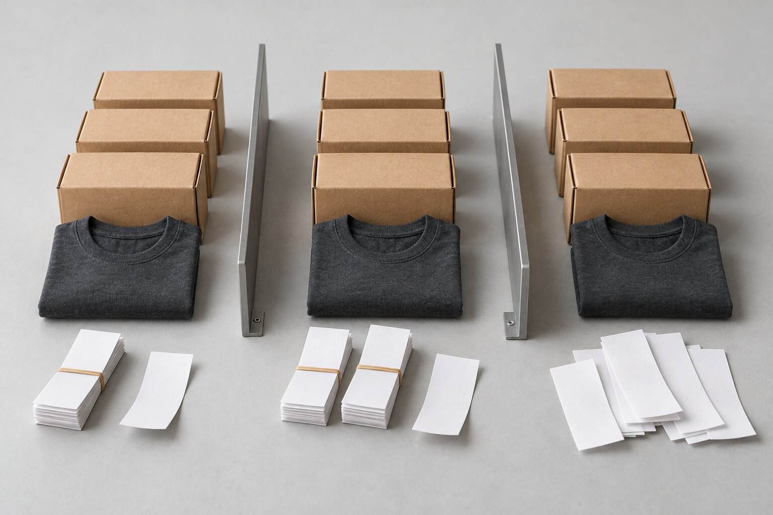 Clothing packaging with boxes, folded shirts, and labels for apparel manufacturing.