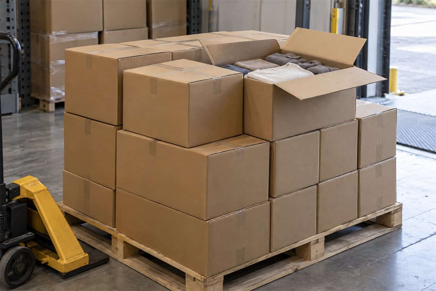 Stacked cardboard boxes on a pallet in a clothing manufacturing warehouse.