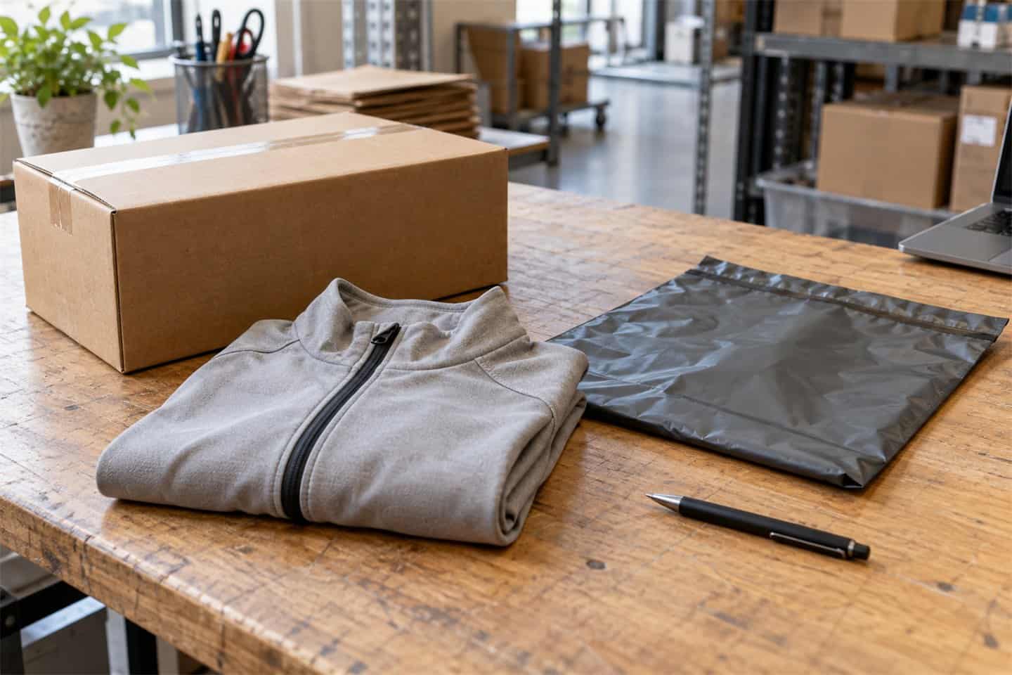 Clothing manufacturing workspace with a folded gray jacket, packaging materials, and tools.