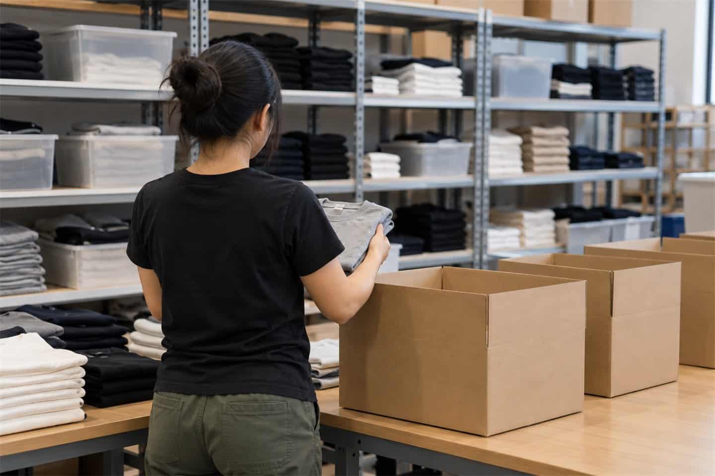 Woman inspecting folded clothing in a manufacturing warehouse.