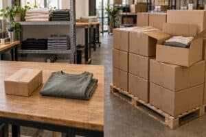 Clothing manufacturing workspace with boxes and folded apparel.