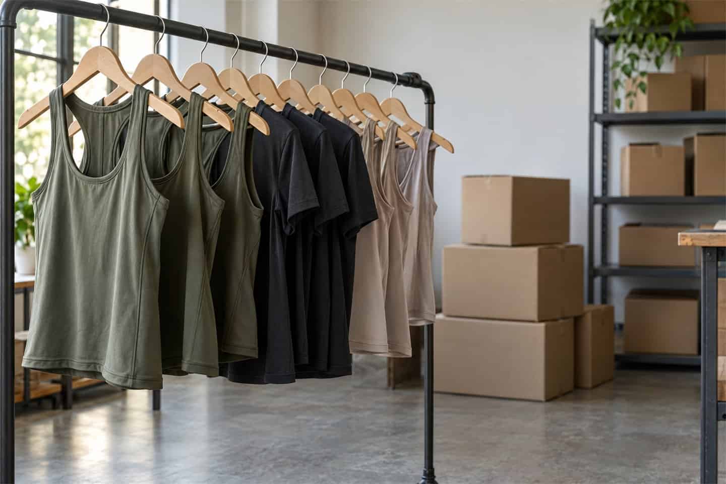 Clothing racks with custom activewear tanks in a modern factory setting.