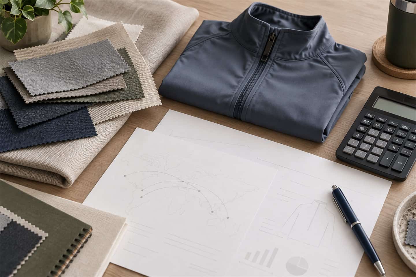 Clothing manufacturer workspace with fabric swatches and design sketches.
